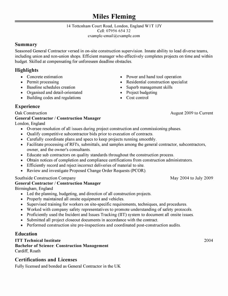 General Contractor Sample Contract Beautiful Best General Contractor Resume Example