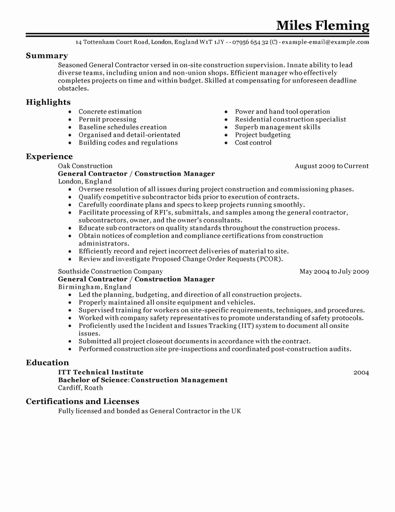 General Contractor Sample Contract Lovely 11 Amazing Construction Resume Examples