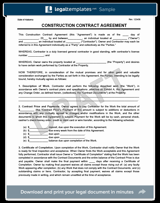 General Contractor Sample Contract New Create A Free Construction Contract Agreement