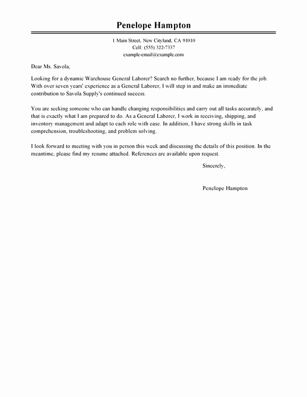 General Cover Letter Examples Awesome General Labor Cover Letter Examples