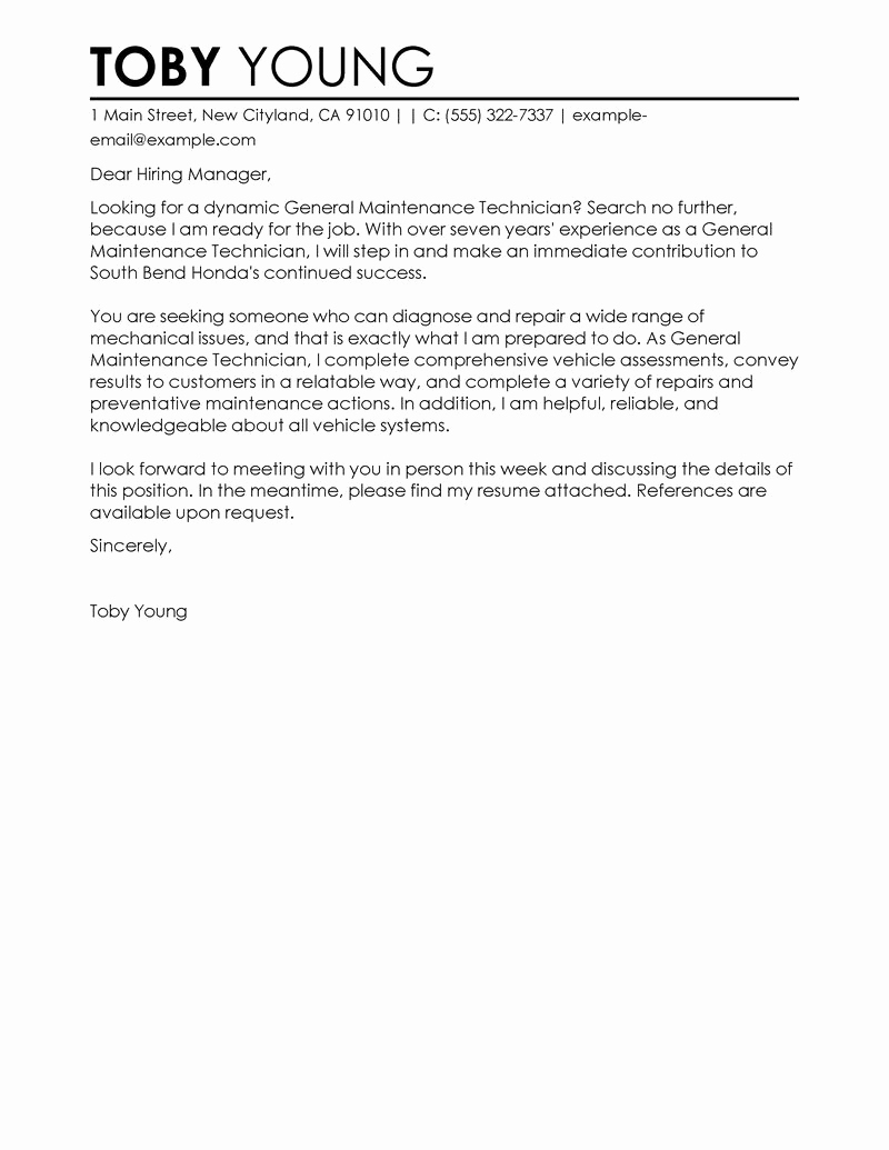 General Cover Letter Examples Elegant Leading Professional General Maintenance Technician Cover