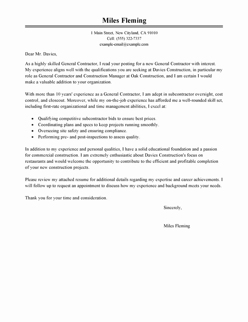 General Cover Letter Sample Fresh Best General Contractor Cover Letter Examples