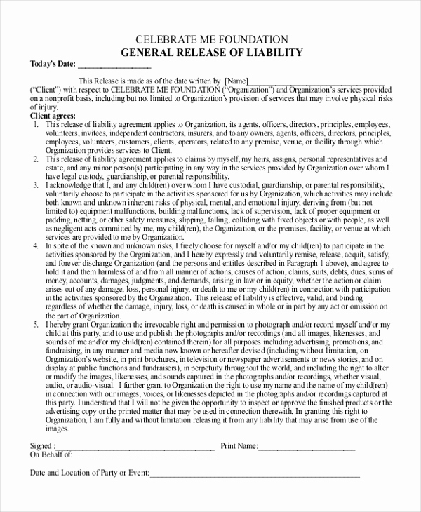 General Liability Release form Inspirational Sample Release Of Liability form 9 Free Documents In