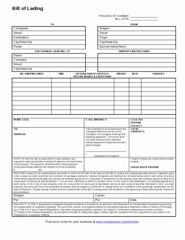Generic Bill Of Lading Awesome Printable Sample Blank Bill Lading form …