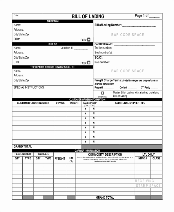 Generic Bill Of Lading Beautiful Sample Bill Of Lading form 13 Free Documents In Pdf