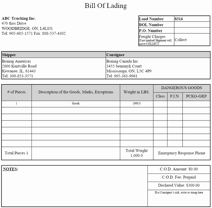 Generic Bill Of Lading New Printable Sample Blank Bill Lading form