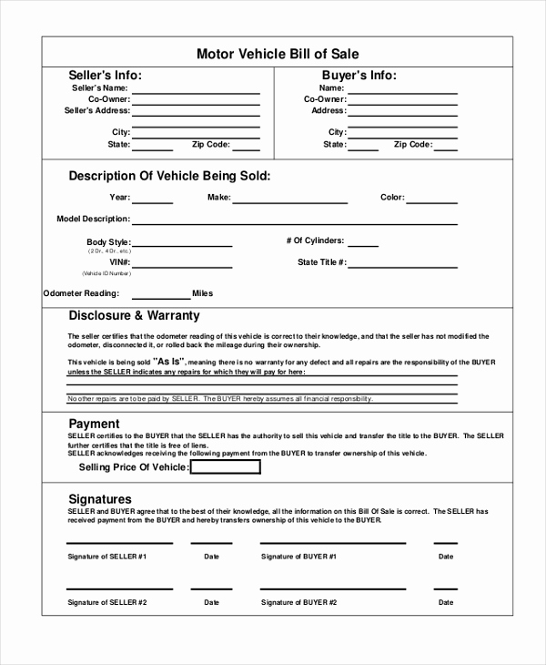 Generic Bill Of Sale form Fresh 9 Sample Motor Vehicle Bill Of Sale forms