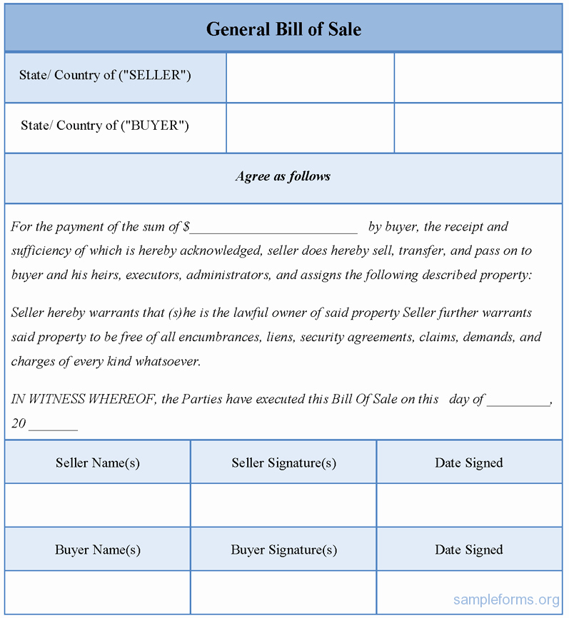 Generic Bill Of Sale form Fresh General Bill Of Sale form Sample forms