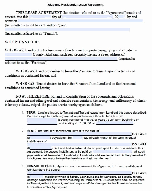 Generic Lease Agreement Pdf Lovely Free Alabama Residential Lease Agreement – Pdf Template