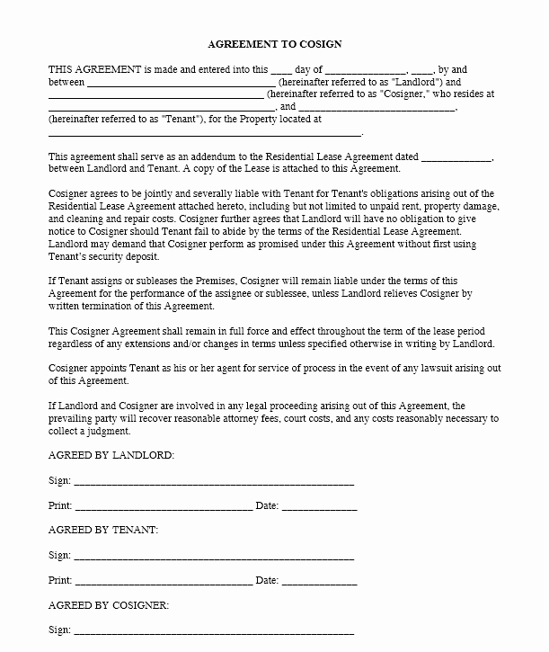 Generic Lease Agreement Pdf New Download Free Agreement to Cosign Printable Lease Agreement