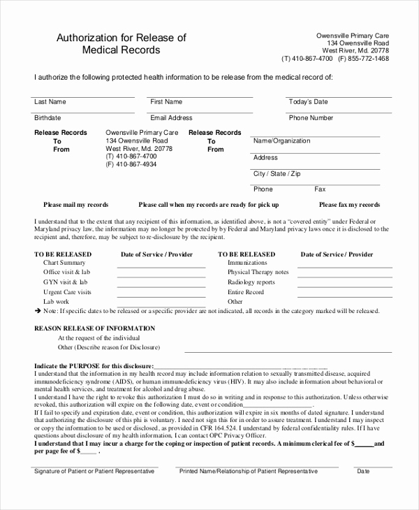 Generic Medical Records Release form Luxury Sample Medical Records Release form 10 Free Documents