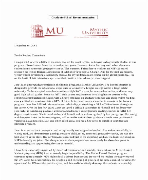 Grad School Letter Of Recommendation Fresh 45 Free Re Mendation Letter Templates