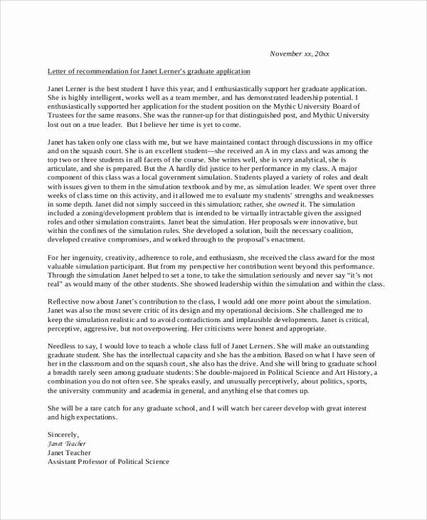 Grad School Letter Of Recommendation Luxury 44 Sample Letters Of Re Mendation for Graduate School
