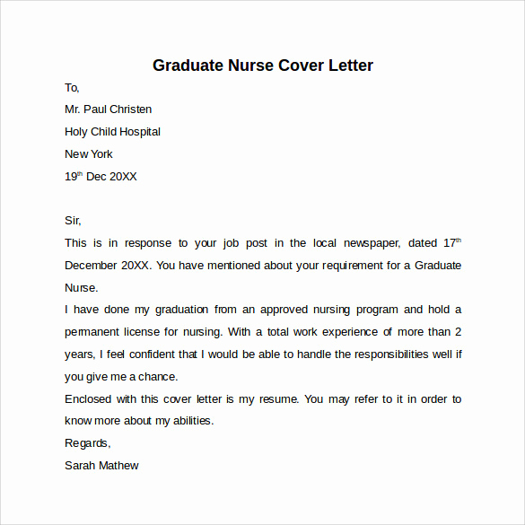 Graduate Nurse Cover Letter Elegant 10 Nursing Cover Letter Template – Samples Examples