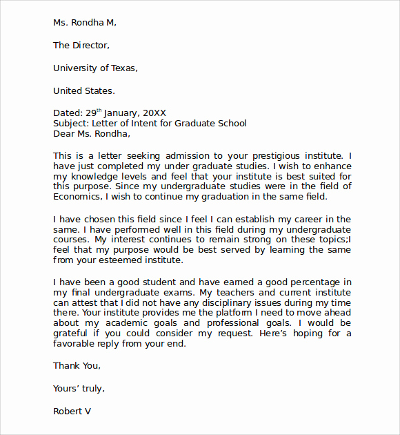 Graduate School Letter Of Intent Fresh Letter Of Intent Graduate School 9 Download Documents