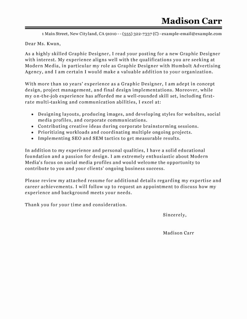 Graphic Design Cover Letter Examples Fresh Leading Professional Graphic Designer Cover Letter