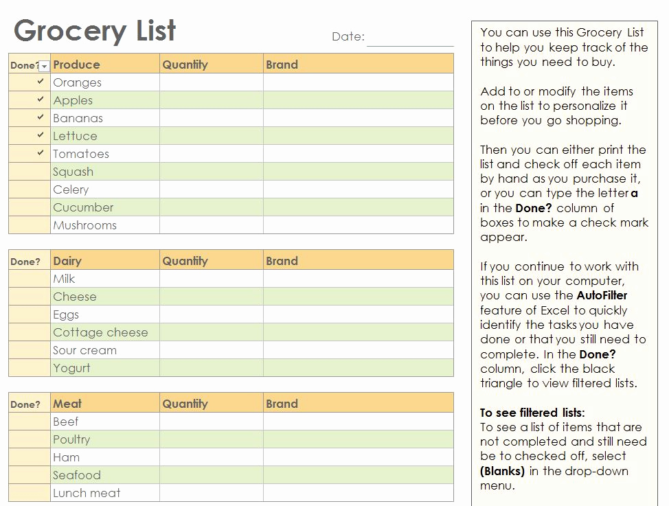Grocery List Template Excel Beautiful Grocery Checklist