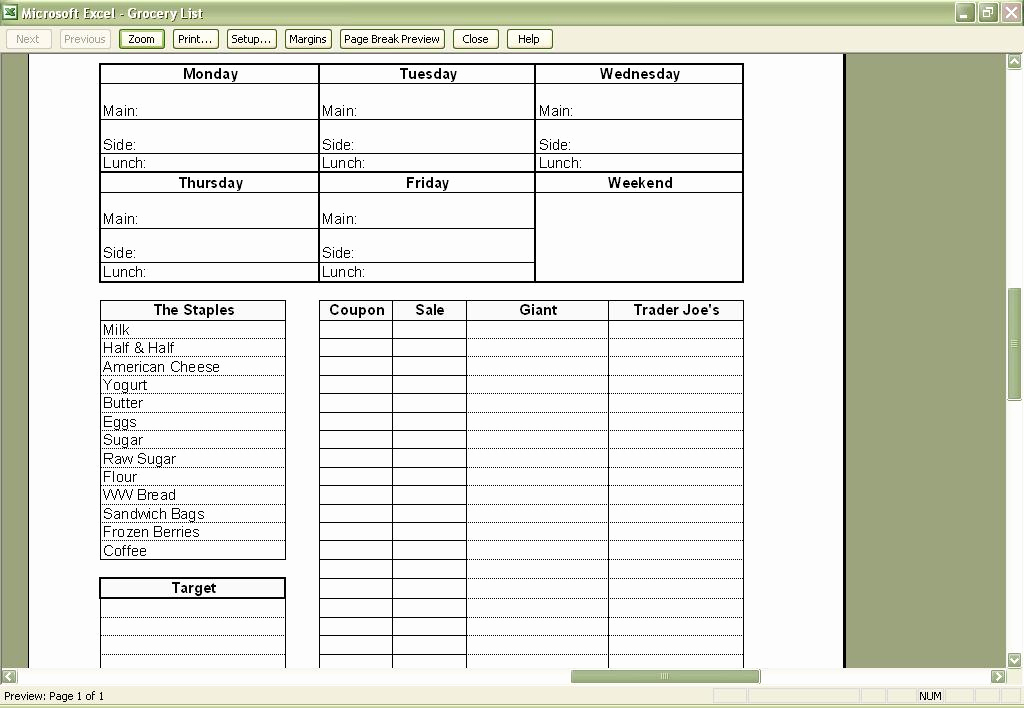 Grocery List Template Excel Fresh Meal Planning