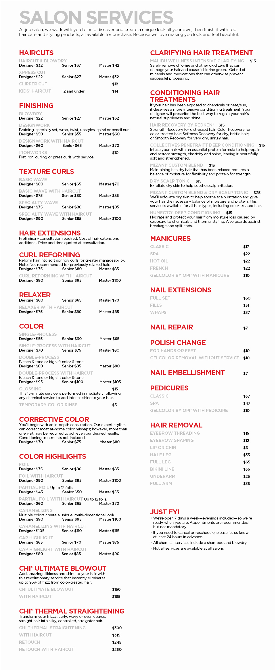 Hair Salon Price Lists New Jcp Salon Services Haircuts Manicures Pedicures