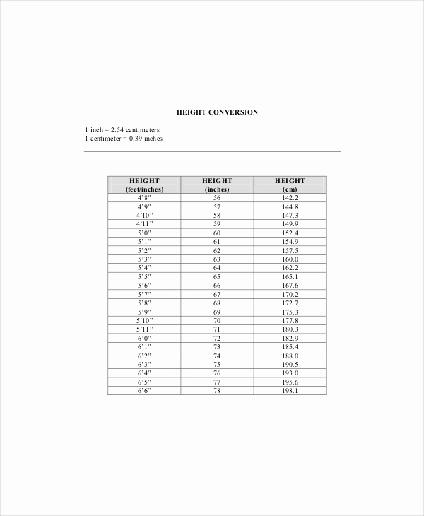 Height Chart In Inches Fresh Height and Weight Conversion Chart 7 Free Pdf Documents