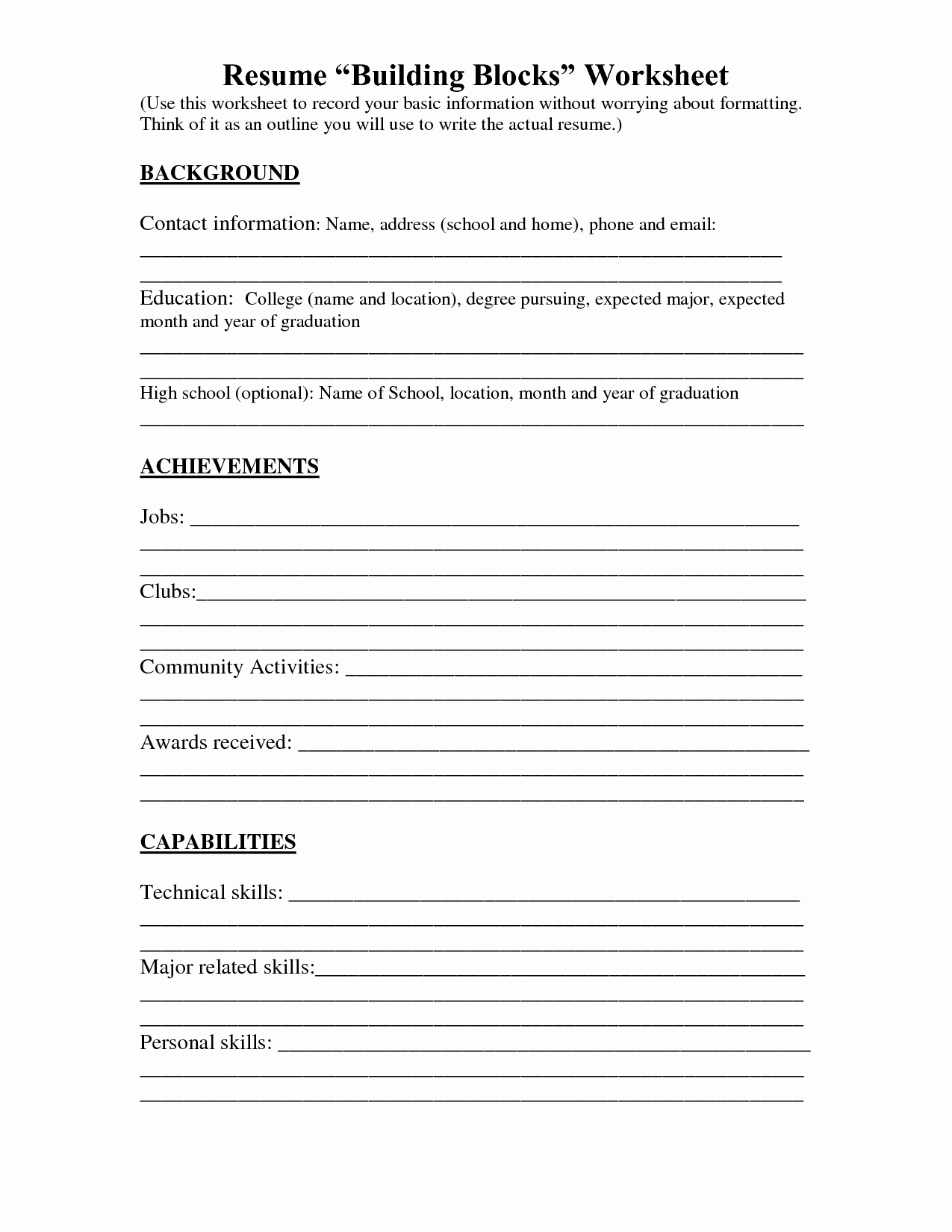 High School Resume Builder Lovely Resume Worksheet Printable and High School Builder Free