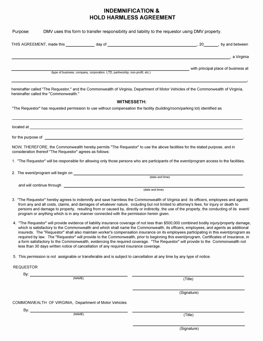 Hold Harmless Agreement form Inspirational 40 Hold Harmless Agreement Templates Free Template Lab