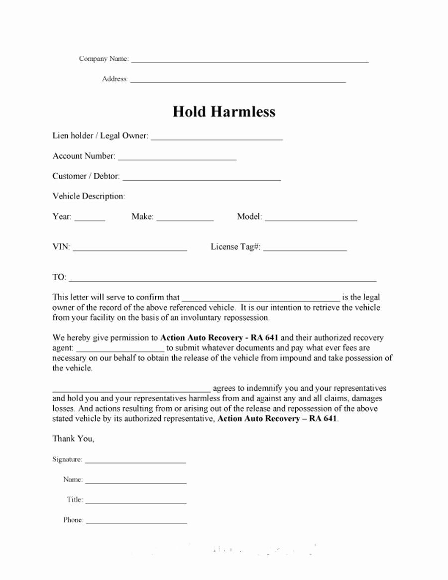 Hold Harmless Agreement form Unique 40 Hold Harmless Agreement Templates Free Template Lab
