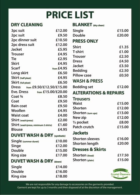 House Cleaning Price List Unique Price List for Dry Cleaning Staines Surrey Crystal