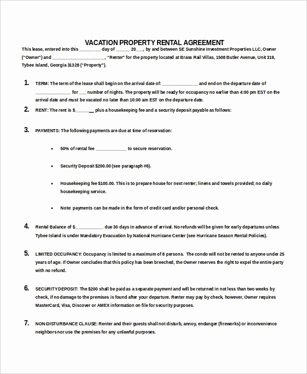 House Rental Agreement Template Awesome Vacation Rental Agreement – 8 Free Word Pdf Documents