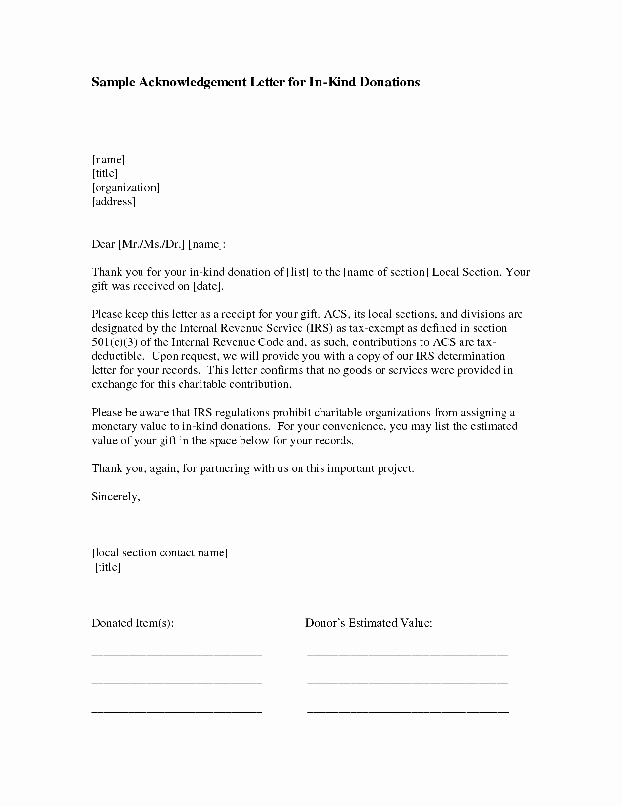 In Kind Donation Letter New Letter to Hoa Template Samples