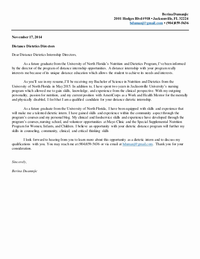 nutrition and tetics internship cover letter