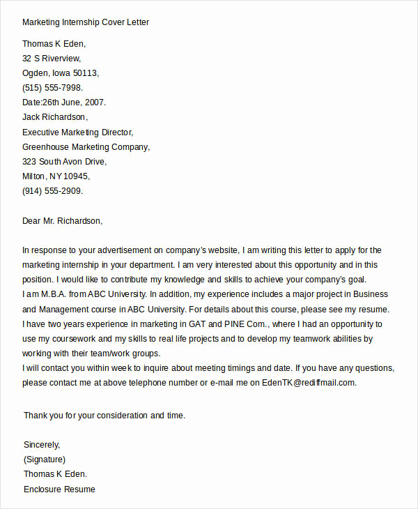 Internship Cover Letter Template New Cover Letters for Internships In Marketing