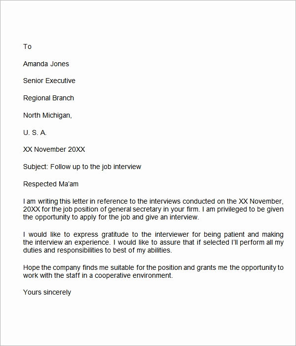 Interview Follow Up Email Template Elegant Follow Up Letter 7 Free Doc Download