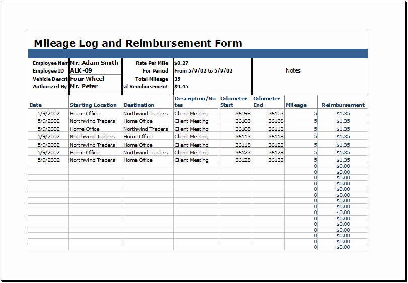 Irs Mileage Log Template Unique Mileage Log with Reimbursement form Ms Excel
