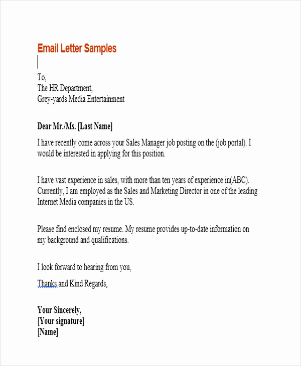 Job Application Email Sample Unique 9 Sample Email Application Letters