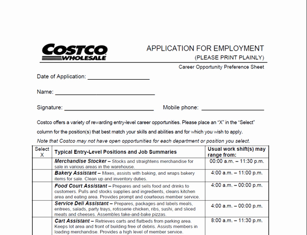 Job Application form Pdf Elegant Costco Application Pdf Print Out