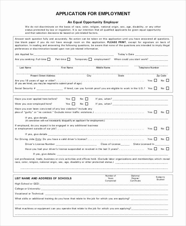 Job Application form Sample Beautiful Sample Employment Application form 8 Examples In Word Pdf