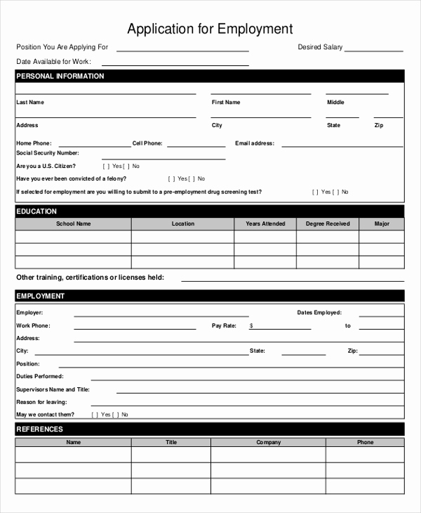 Job Application Template Word New Employment Application form Free Download