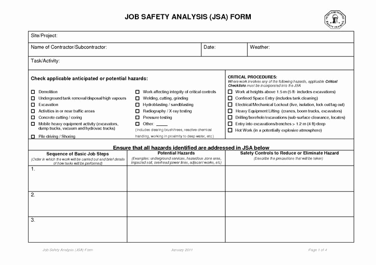 Job Safety Analysis form Elegant Job Safety Analysis forms Job Safety Analysis form