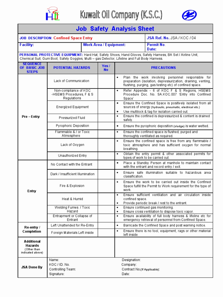 Job Safety Analysis form Luxury Jsa 04 Confined Sapce Entry Safety