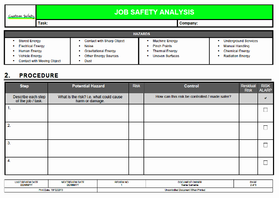 Job Safety Analysis format Lovely Job Safety Analysis Template Risk Ranked Landscape