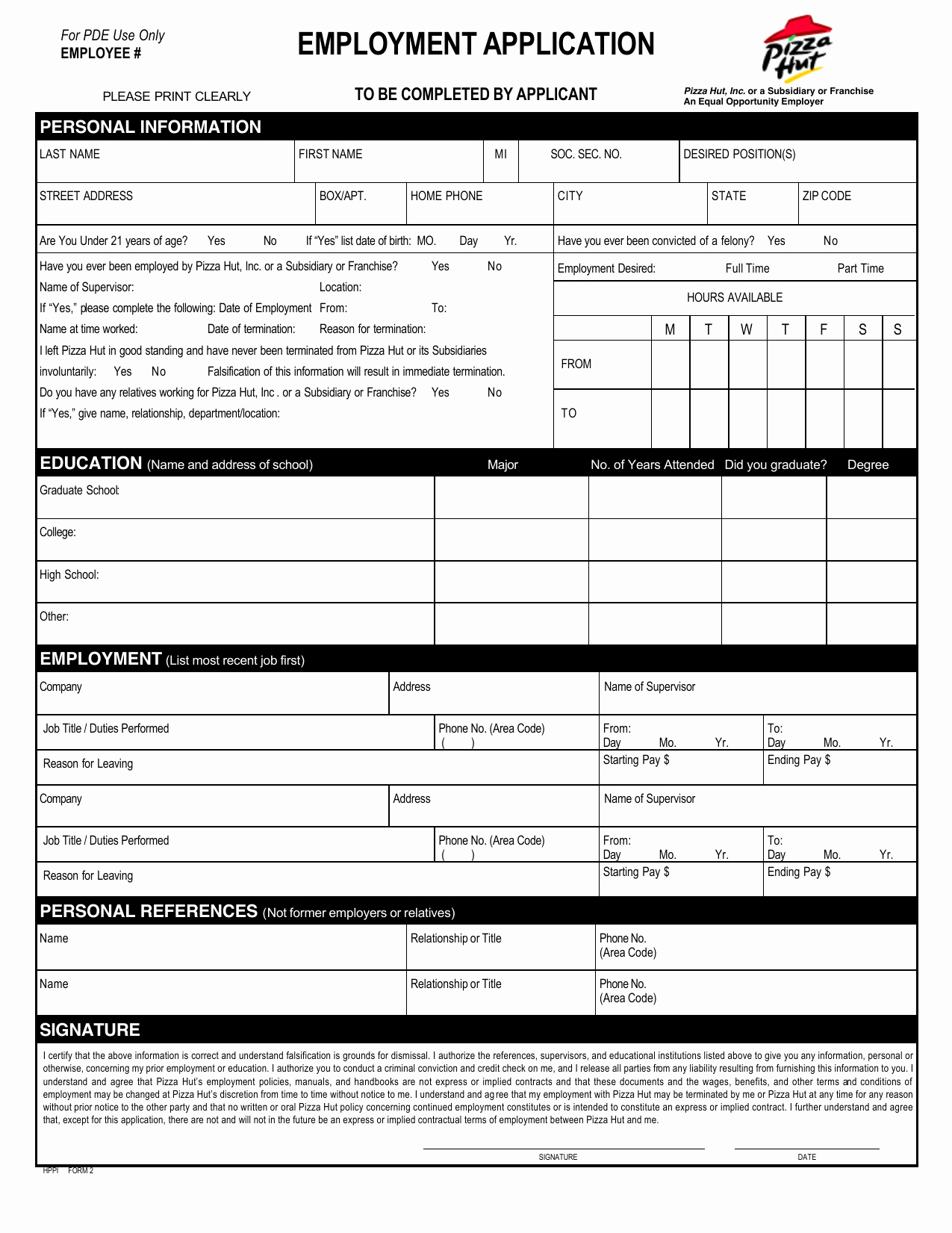 Jobs Application form Pdf Inspirational Download Pizza Hut Job Application form
