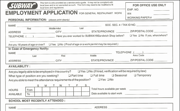 Jobs Application form Pdf Luxury Subway Application Pdf Print Out