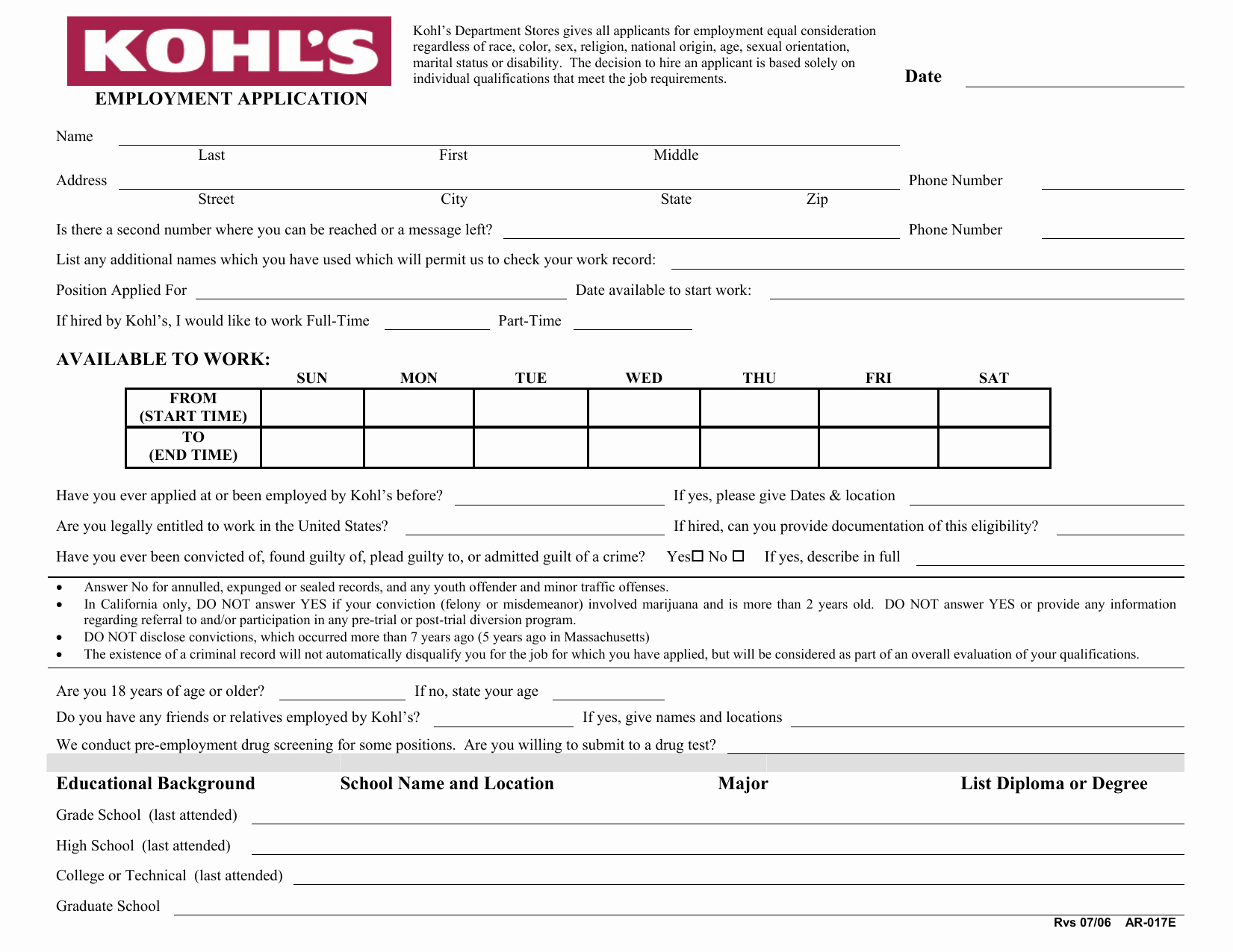 Jobs Application form Pdf New Kohls Employment Application