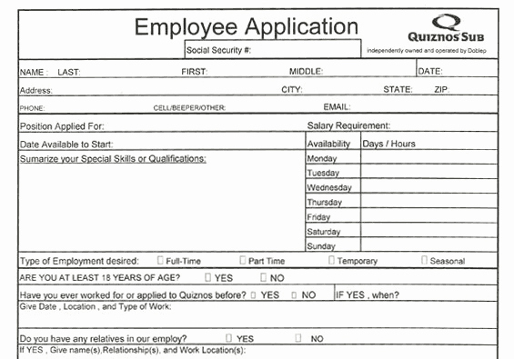 Jobs Application form Pdf New Quiznos Application Pdf Print Out