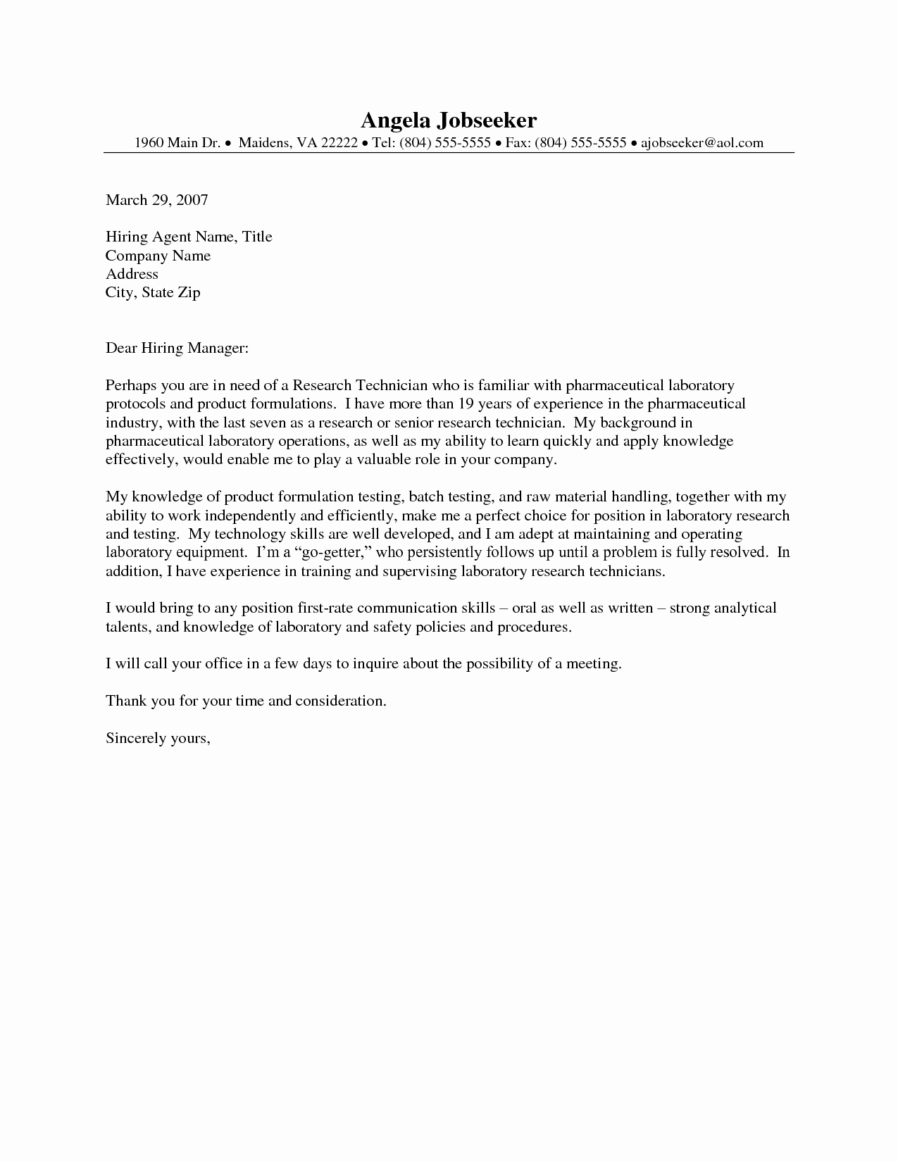 Lab Technician Cover Letter Best Of Cover Letter Example for Medical Lab Technologist Cover