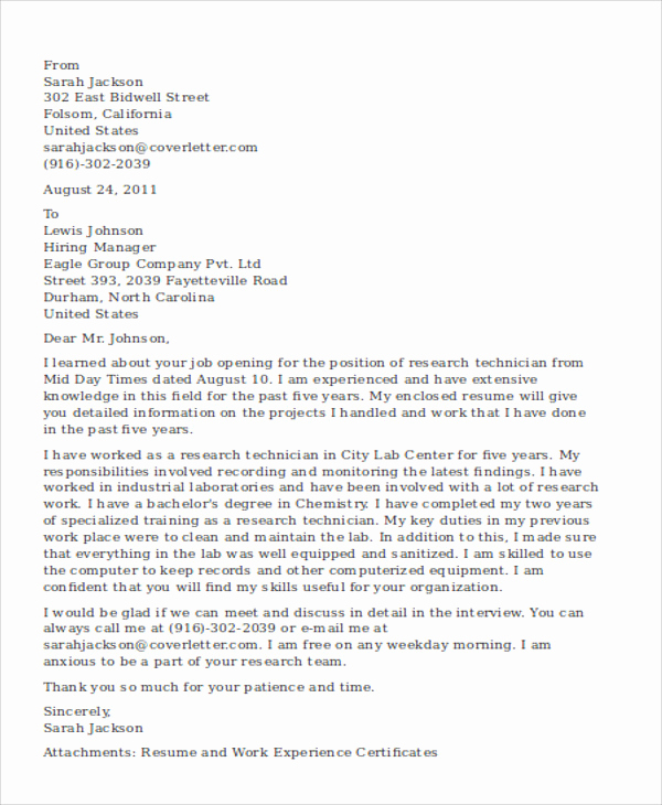 Lab Technician Cover Letter Fresh 5 Research Technician Cover Letters Free Sample