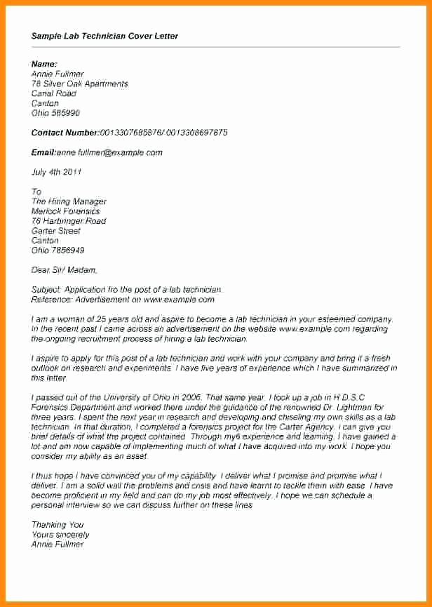 Lab Technician Cover Letter Inspirational Cover Letter for Lab Technician