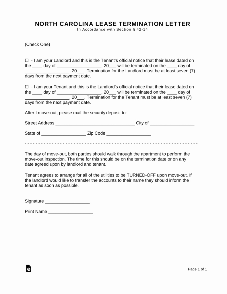 Lease Termination Letter to Tenant New north Carolina Lease Termination Letter form