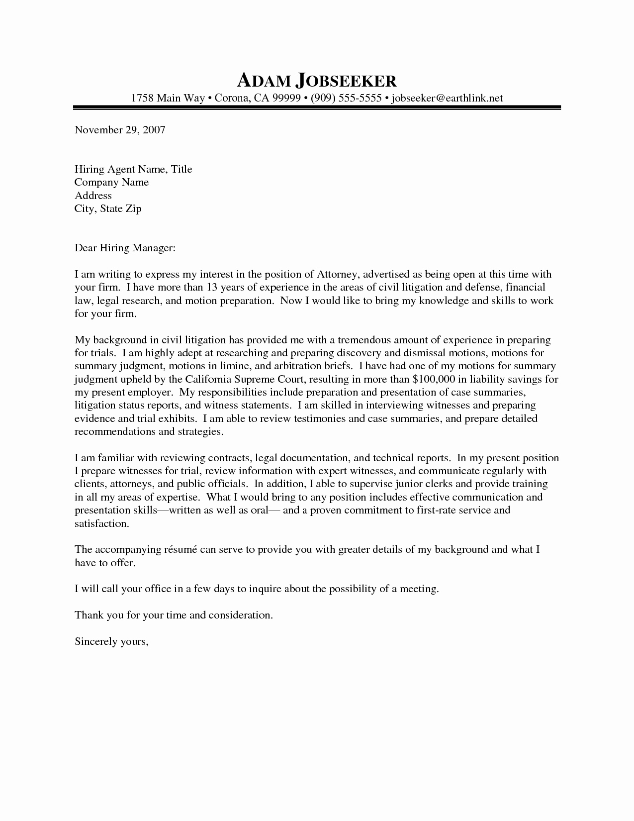 Legal Cover Letters Samples New attorney Cover Letter